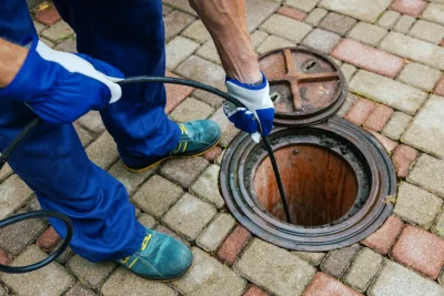 Plumber cleaning an outdoor sewer drain in Lebanon
