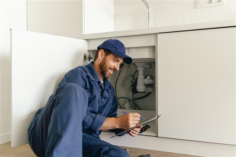 Residential plumber reviewing plumbing repairs in a Lebanon kitchen