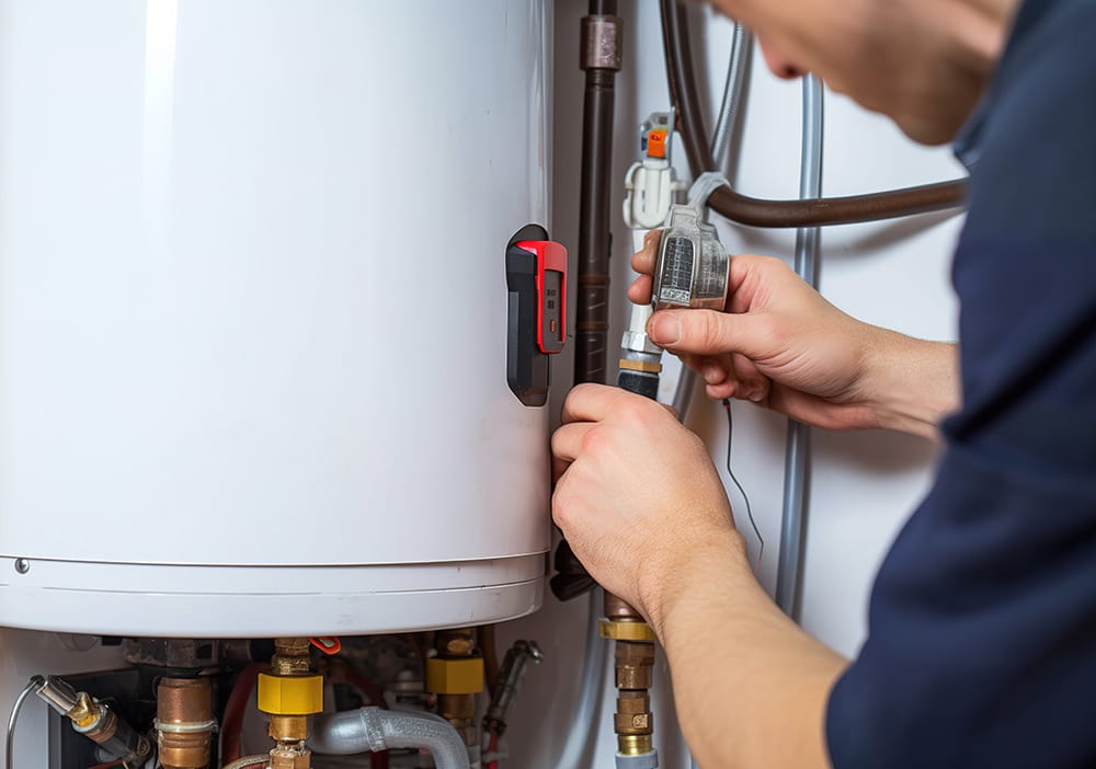 Technician repairing pipes connected to a water heater in Lebanon